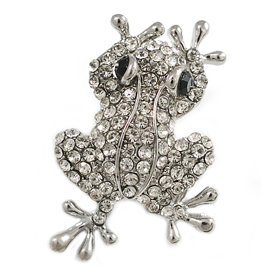 Small Clear Crystal Frog Brooch in Silver Tone - 38mm Long