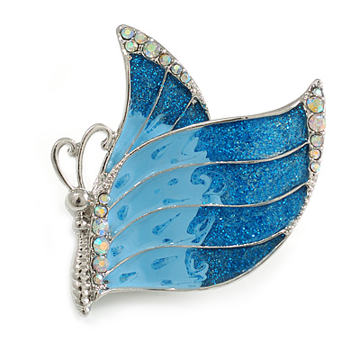 AB Crystals/Sky Blue Enamel Butterfly Brooch In Silver Tone Metal - 45mm Across