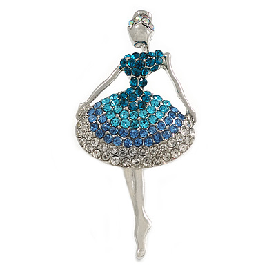 Clear/Sky Blue/Teal Crystal Ballerina Brooch In Silver Tone Metal - 55mm L