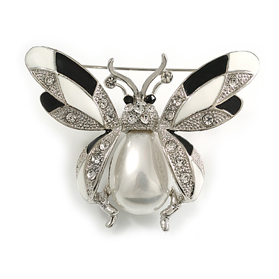 Large Black/White Enamel, Crystal with Pearl Bead Bug Brooch - 60mm Across - main view