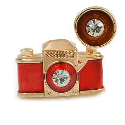 Vintage Inspired Red Enamel Clear Crystal Small Camera Brooch in Gold Tone - 30mm Across