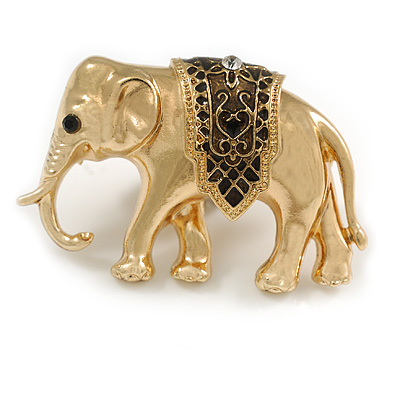 Adorable Elephant Brooch In Polished Gold Tone Metal - 40mm Across
