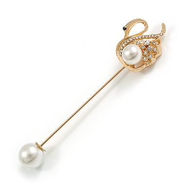Gold Tone Crystal, Pearl Swan Lapel, Hat, Suit, Tuxedo, Collar, Scarf, Coat Stick Brooch Pin - 65mm L