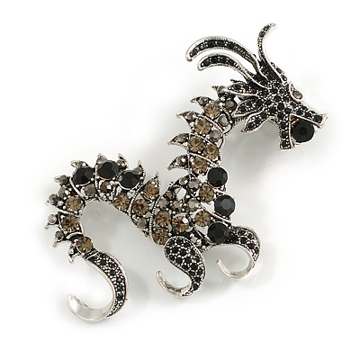 90mm Long/ Grey/ Black Crystal Chinese Dragon Large Brooch in Aged Silver Tone - main view