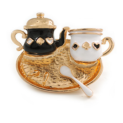 Black/White Enamel Teapot Teacup and Spoon on The Tray Dimentional Brooch in Gold Tone/ Cartoon Style - 35mm Across