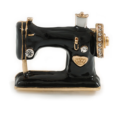 Gold Tone Black Enamel Sewing Machine Brooch/ Vintage Style - 35mm Wide