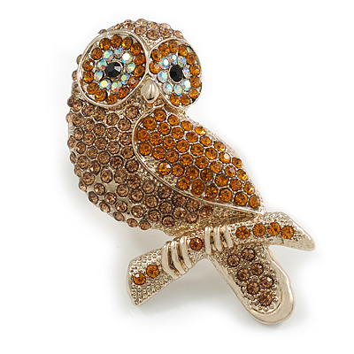 Amber/Citrine/AB Crystal Owl Brooch In Gold Tone - 70mm Long