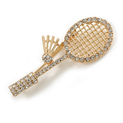 Gold Tone Clear Crystal Badminton Racket/ Badminton Racquet Brooch - 50mm Tall