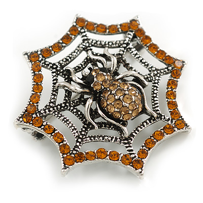 Vintage Inspired Amber Crystal Spider and Web Brooch in Aged Silver Tone - 40mm Diameter