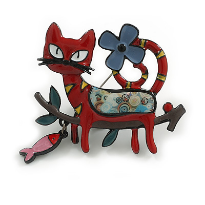 Red Enamel Cat and Fish Brooch in Black Tone - 50mm Across