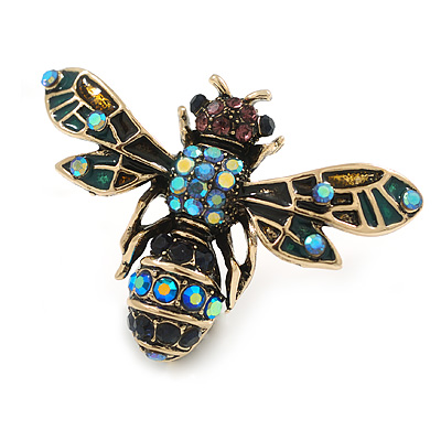 Vintage Inspired Crystal Bee Brooch in Aged Gold Tone - 40mm Across