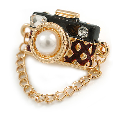 Small Black Enamel Crystal Camera with Chain Brooch in Gold Tone - 25mm Wide