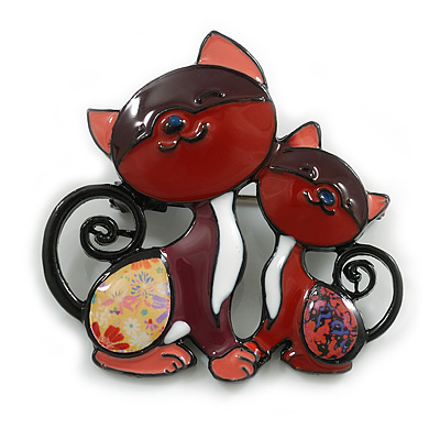Multicoloured Enamel Two Cats Brooch in Black Tone - 45mm Across