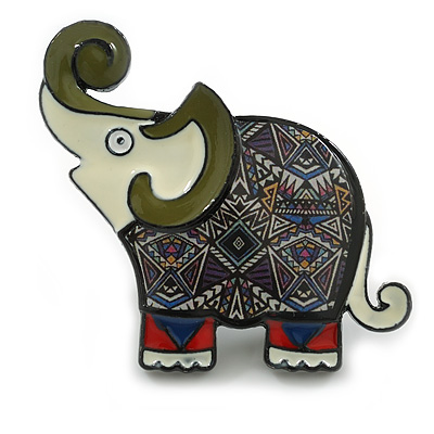 Cute Multicoloured Enamel Elephant Brooch/ Black Tone - 45mm Across - main view