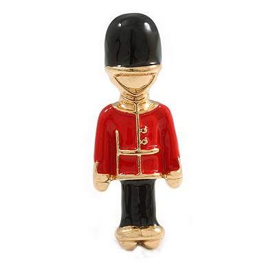 Black/Red Enamel Queen's Royal Guard Soldier Brooch in Gold Tone - 50mm Tall