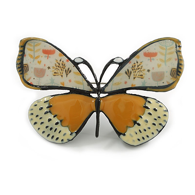 Yellow/Cream Enamel Butterfly Brooch in Black Tone - 65mm Across
