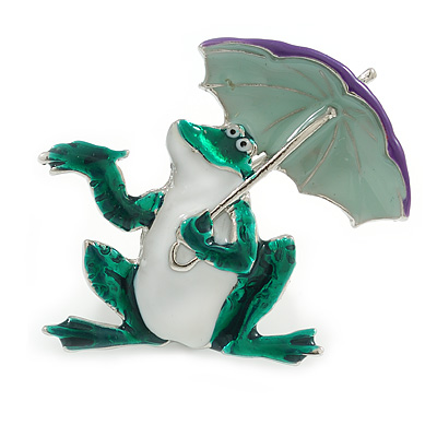 Funky Frog with Umbrella Enamel Brooch in Silver Tone (Green/White/Purple) - 40mm Tall