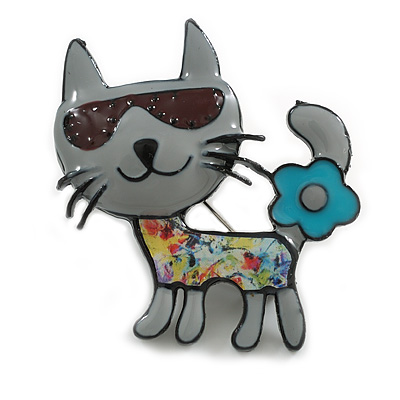 Light Grey Enamel Cat in The Glasses Brooch in Black Tone - 45mm Tall