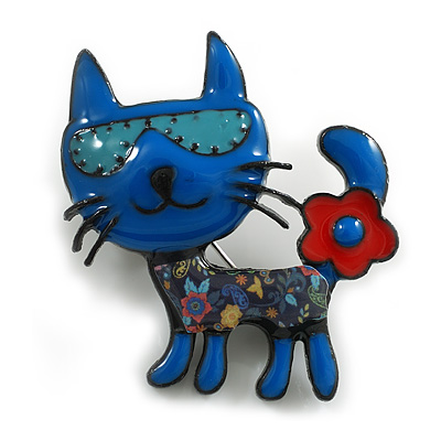 Blue Enamel Cat in The Glasses Brooch in Black Tone - 45mm Tall