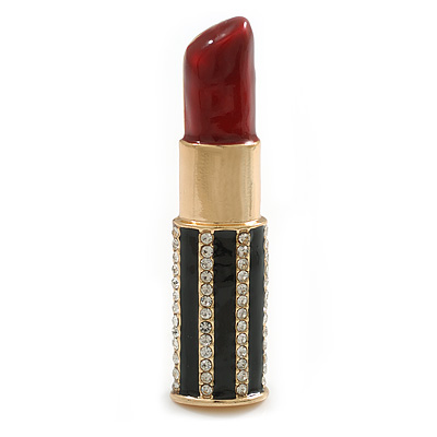 Statement Crystal Enamel Lipstick Brooch in Gold Tone - 65mm Tall