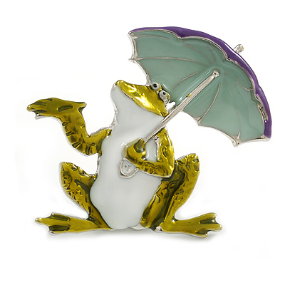 Funky Frog with Umbrella Enamel Brooch in Silver Tone (Olive/White/Purple) - 40mm Tall