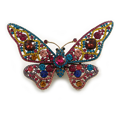 55g/ Large Multicoloured Crystal Butterfly Brooch in Gold Tone - 12cm Across