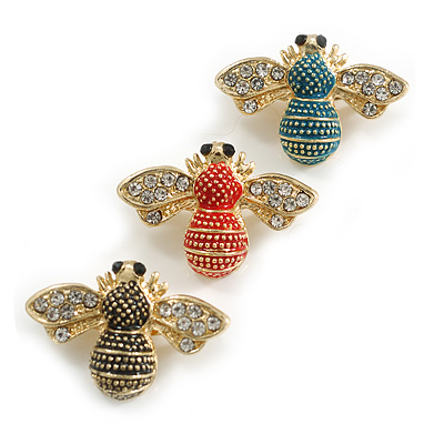 3Pcs Red/Teal/Black Enamel Bee Brooch Set in Gold Tone - 30mm Wide - main view