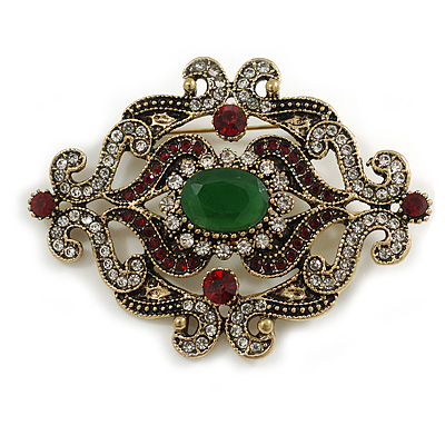 Vintage Inspired Turkish Style Crystal Diamond Shaped Brooch/Pendant in Aged Gold Tone in Green/Red/Clear- 65mm Across - main view