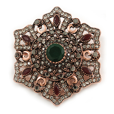 Vintage Inspired Turkish Style Crystal Flower Brooch/Pendant in Copper Tone in Green/Red/Hematite/Clear - 55mm Diameter