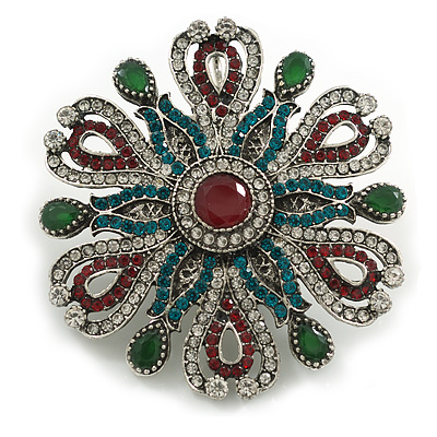 Vintage Inspired Turkish Style Crystal Flower Brooch/Pendant in Aged Silver Tone in Green/Red/Teal - 55mm Diameter - main view
