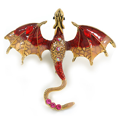 Striking Red Enamel Crystal Dragon Brooch/ Pendant in Gold Tone - 70mm Across - main view