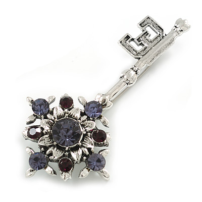 Vintage Inspired Crystal Key Brooch in Silver Tone - 65mm Long
