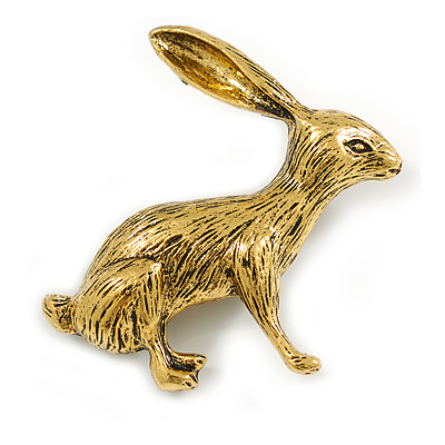 Vintage Inspired Etched Hare/Rabbit Brooch In Aged Gold Tone - 55mm Across