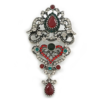 Victorian Style Crystal Flower Brooch/Pendant in Aged Silver Tone in Green/Red/Hematite/Clear - 80mm Long - main view