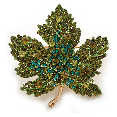 Statement Crystal Maple Leaf Brooch/Pendant in Gold Tone/Olive Green/Teal Colours - 50mm Tall - main view