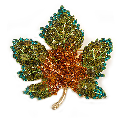 Statement Crystal Maple Leaf Brooch/Pendant in Gold Tone/Olive/Amber/Teal Colours - 50mm Tall - main view