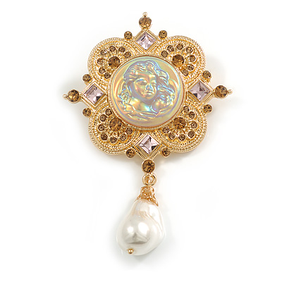 Statement Crystal Cameo Charm Brooch in Gold Tone - 90mm Long