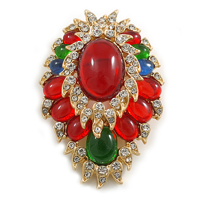 Victorian Style Multicoloured Crystal/ Glass Bead Corsage Brooch in Gold Tone - 50mm Tall - main view