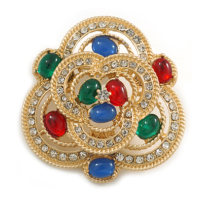 Victorian Style Multicoloured Stone Corsage Brooch in Gold Tone - 50mm Across