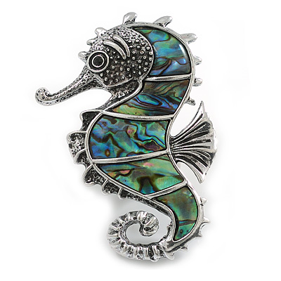 Vintage Inspired Abalone Shell Seahorse Brooch/Pendant in Aged Silver Tone - 60mm Tall - main view