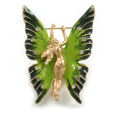 Fairy Brooch/ Whimsical Creature Enamel Crystal Brooch in Gold Tone/ Green Shades - 55mm Tall
