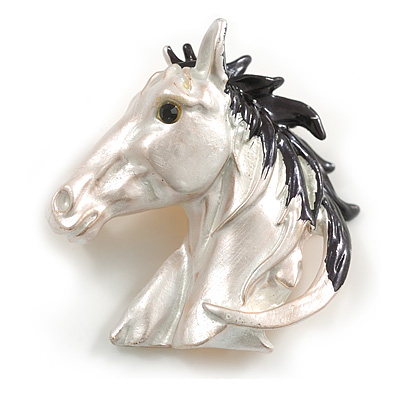 White/Black Enamel Horse Head Brooch/ Pendant in Gold Tone Metal - 40mm Tall