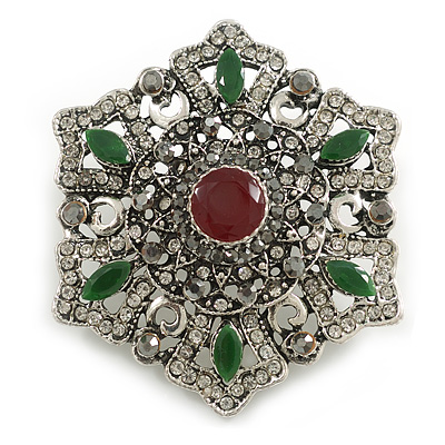 Vintage Inspired Turkish Style Crystal Flower Brooch/Pendant in Aged Silver Tone in Green/Red/Hematite/Clear - 55mm Diameter - main view