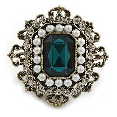 Victorian Style Layered Square Green/Clear Crystal Pearl Brooch in Aged Gold Tone - 45mm