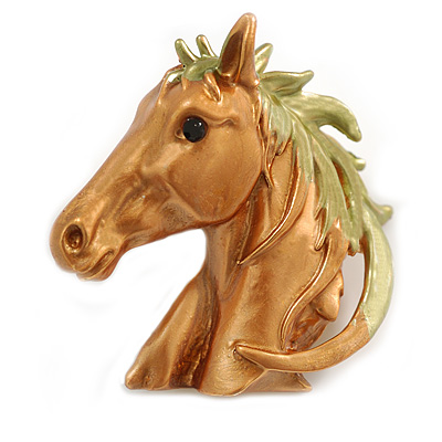 Bronze Gold/Green Enamel Horse Head Brooch/ Pendant in Gold Tone Metal - 40mm Tall