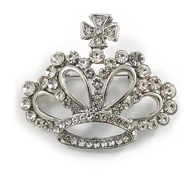 Clear Crystal Crown Brooch in Silver Tone Metal - 45mm Across