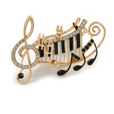 Black/ White Enamel Crystal Musical Notes Brooch In Gold Tone - 65mm L