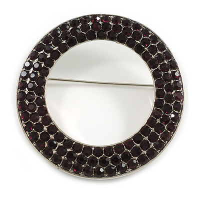 Deep Purple Crystal Open Cut Circle Brooch In Rhodium Plating - 50mm