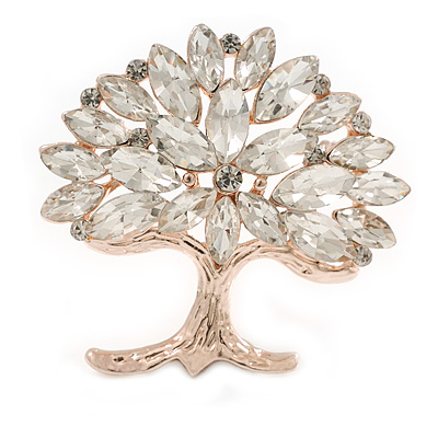 Clear Crystal Tree Of Life Brooch In Gold Tone - 45mm Across