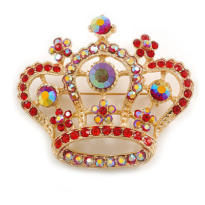 Red/ AB Crystal 'Queenie' Crown Brooch In Gold Tone Metal - 55mm Across